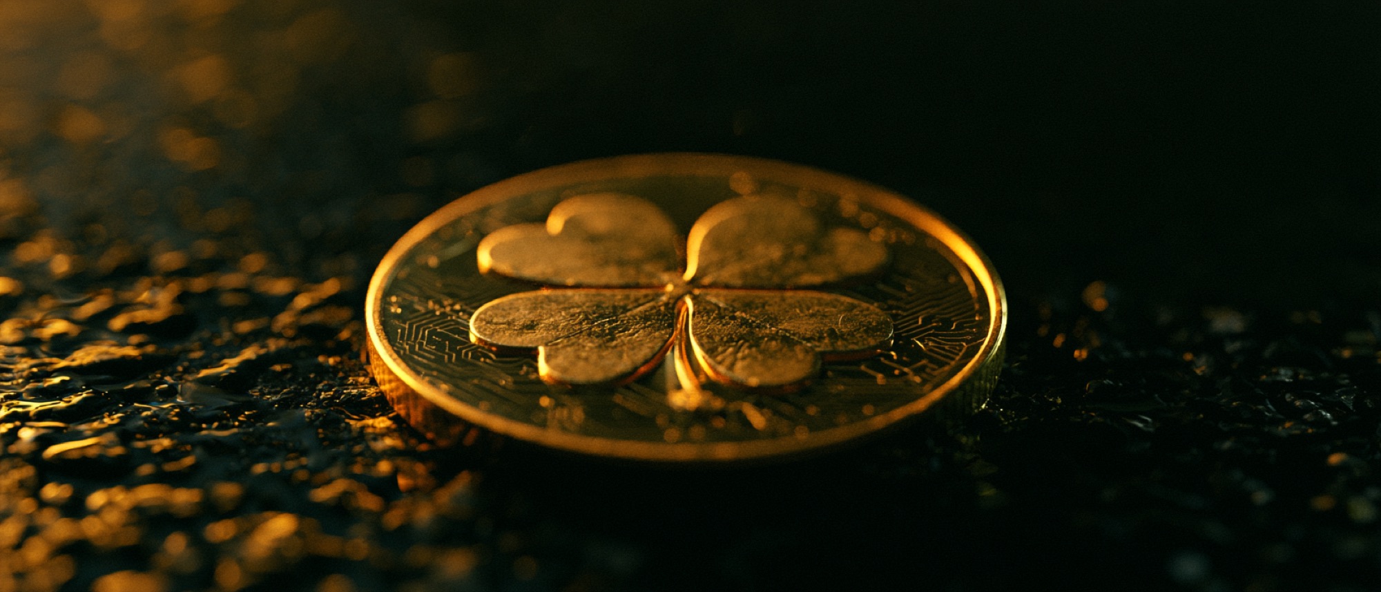 Gold four-leaf-clover coin etched with circuit traces