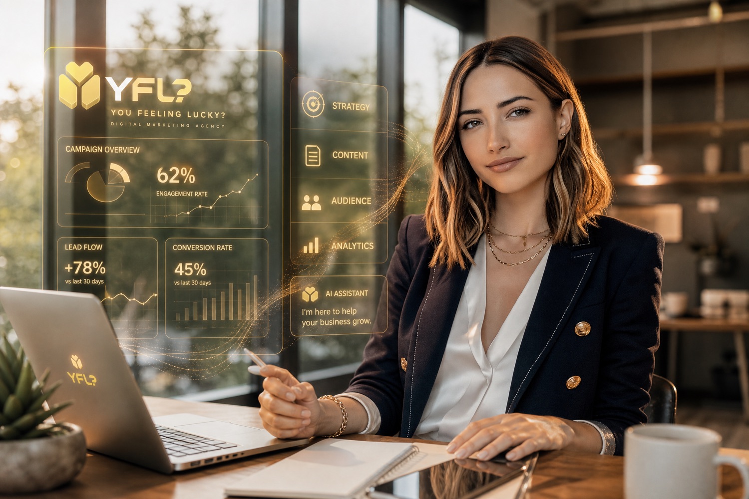 You Feeling Lucky? marketer working alongside an AI campaign dashboard