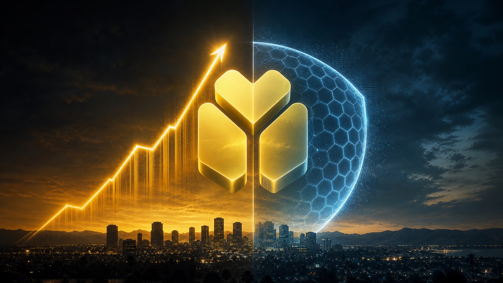 Gold growth arrow and a blue cyber shield over the Orange County skyline