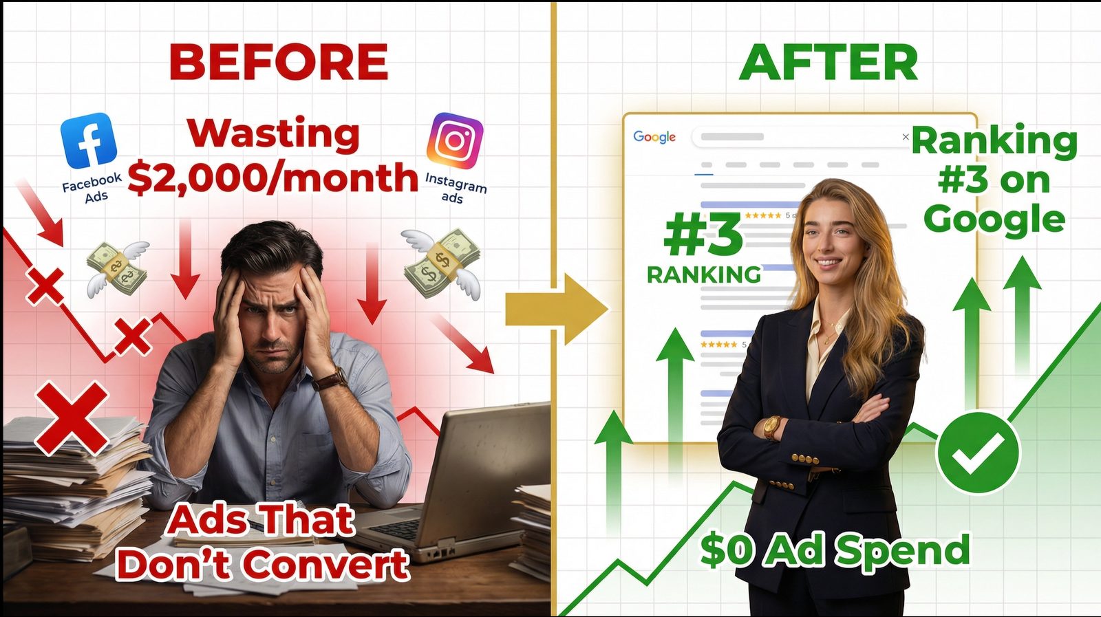 Before: wasting $2,000 a month on ads that don't convert. After: ranking #3 on Google with $0 ad spend.