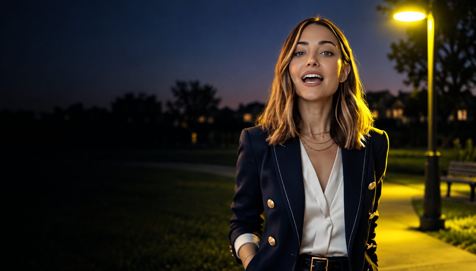 A business owner in Ladera Ranch outdoors under a streetlamp at night