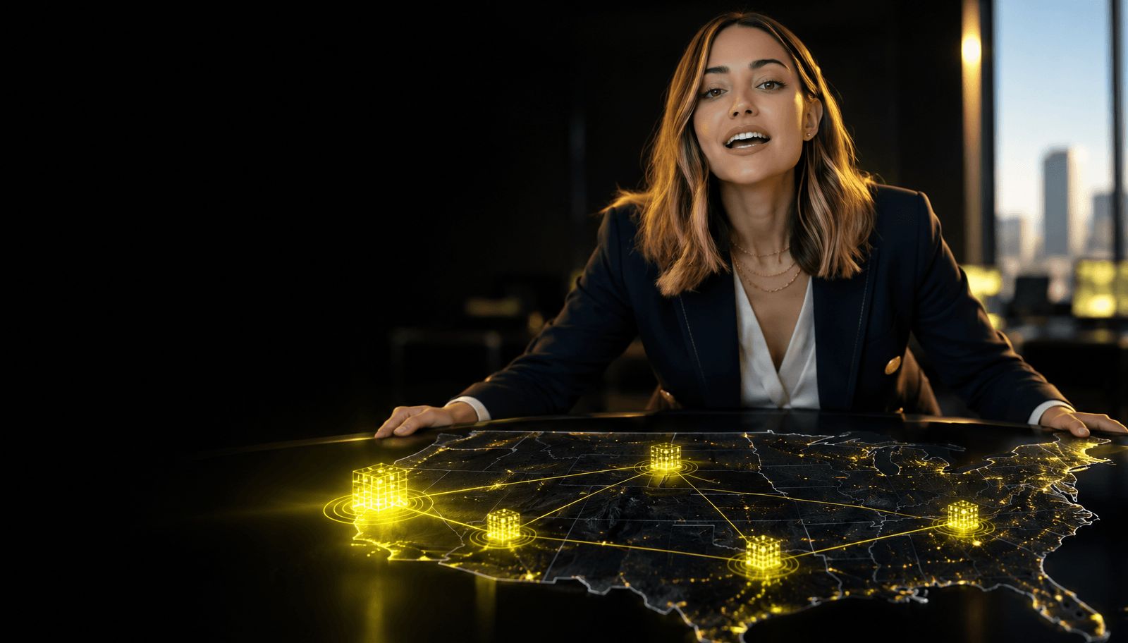 Map of U.S. metro markets lit up in yellow, each one a territory a partner can claim