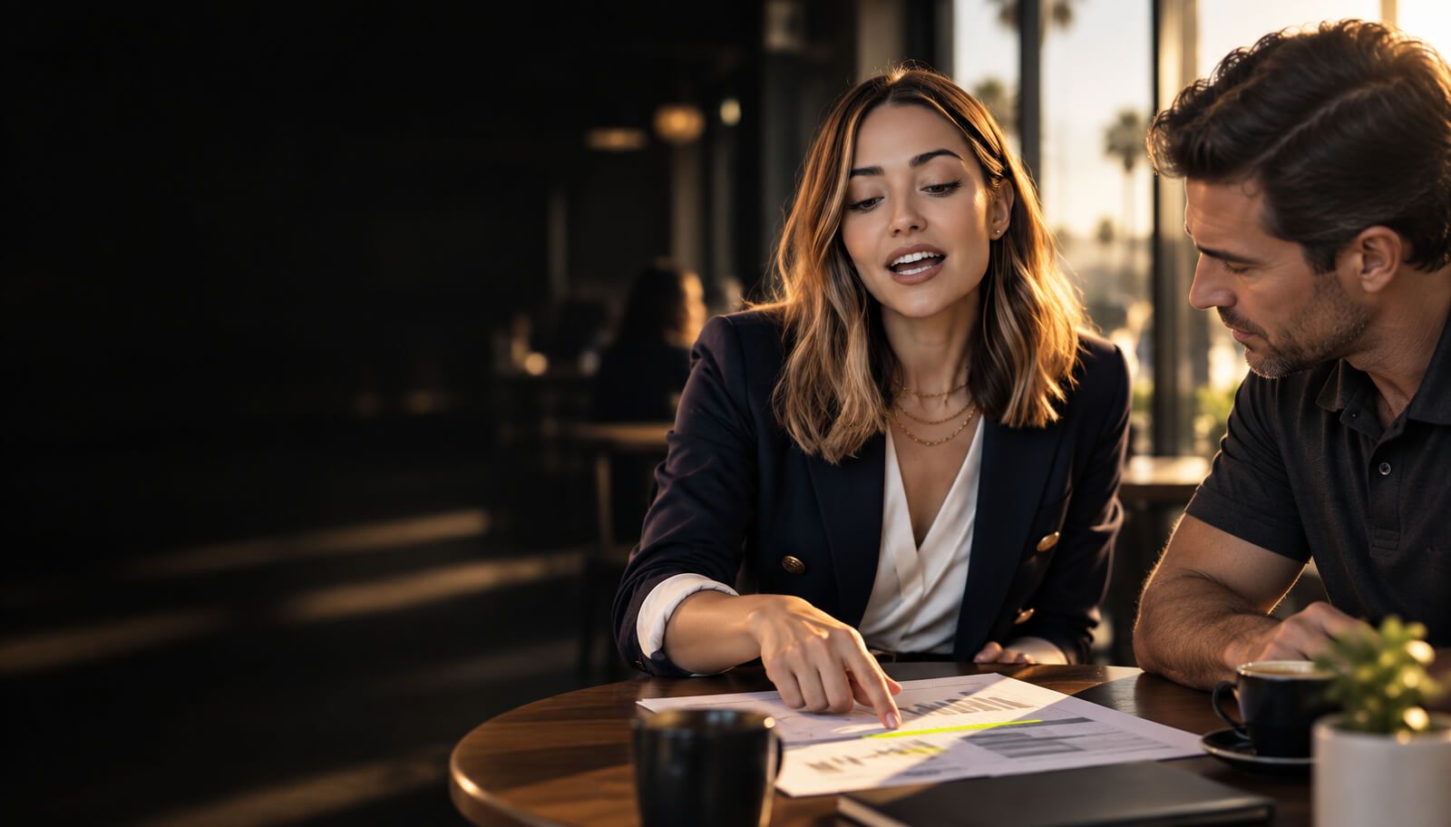 A consultant walking a local business owner through a market report over coffee
