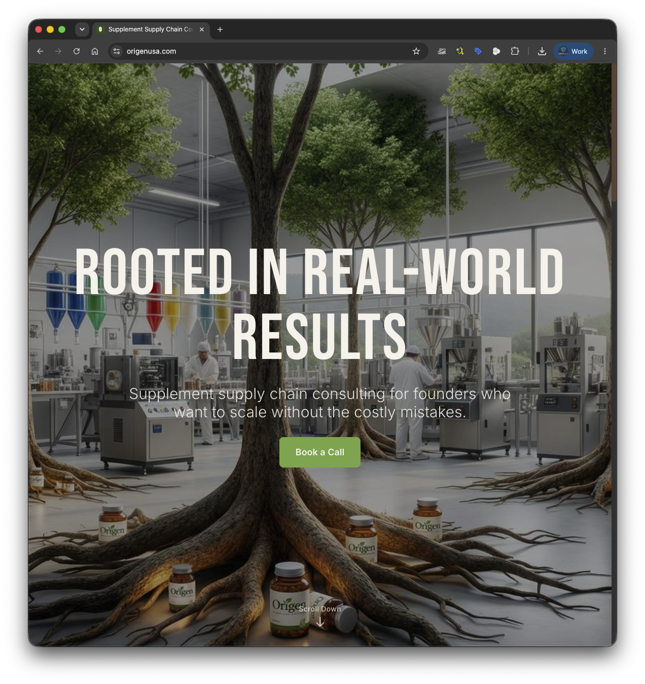 origenusa.com homepage screenshot — Origen USA supplement supply chain consulting site with the headline Rooted in Real-World Results